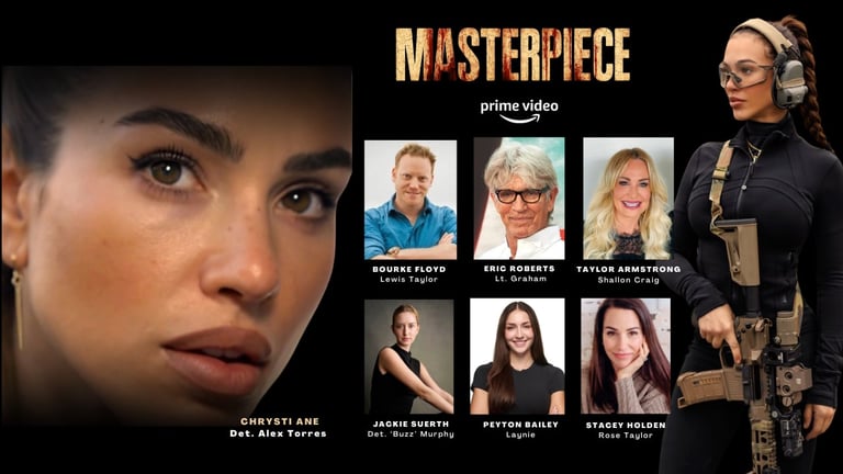 Prime Video Masterpiece poster featuring cast headshots and a close-up of a woman's face on the left side